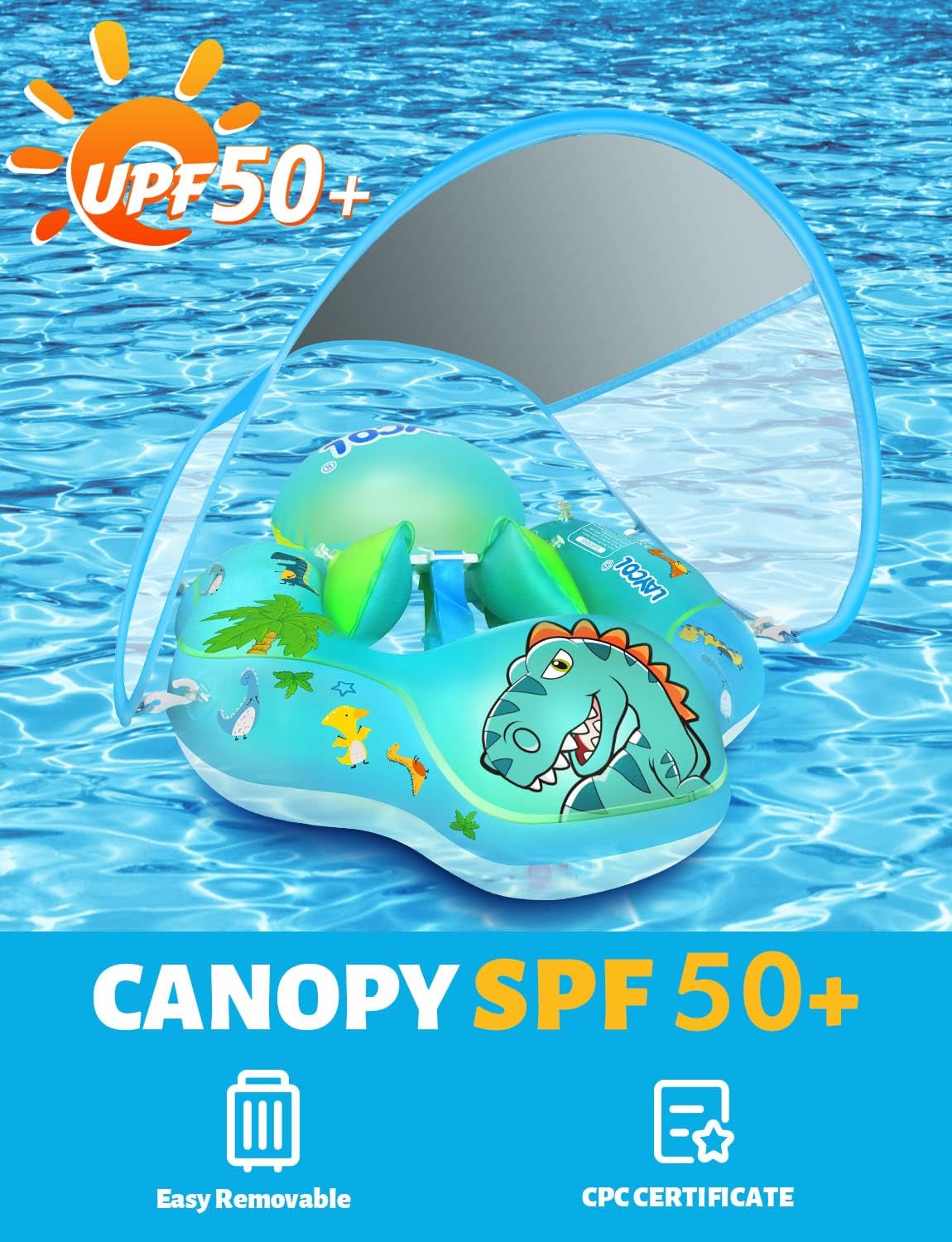 LAYCOL Baby Swimming Float Inflatable Baby Pool Float Ring Newest with Sun Protection Canopy,add Tail no flip Over for Age of 3-36 Months