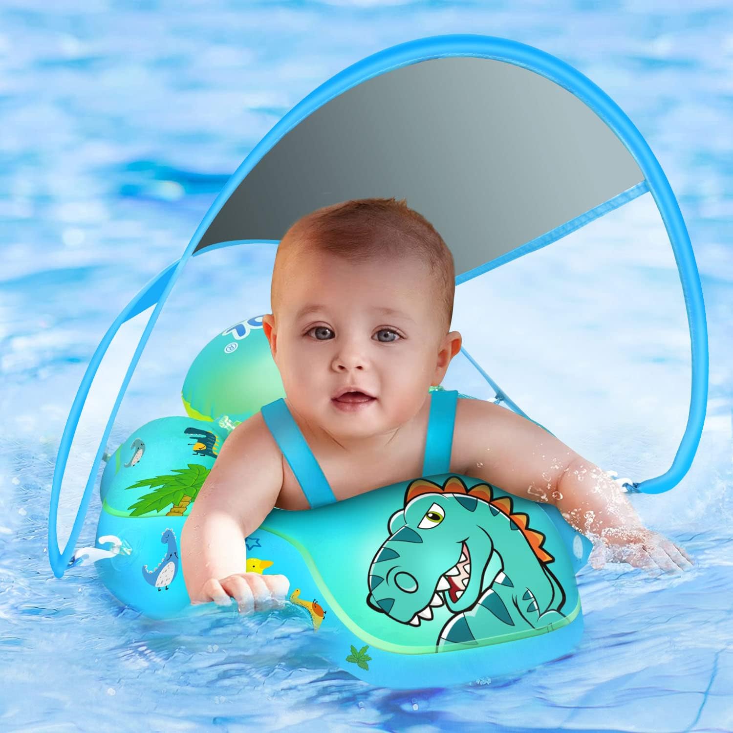 LAYCOL Baby Swimming Float Inflatable Baby Pool Float Ring Newest with Sun Protection Canopy,add Tail no flip Over for Age of 3-36 Months