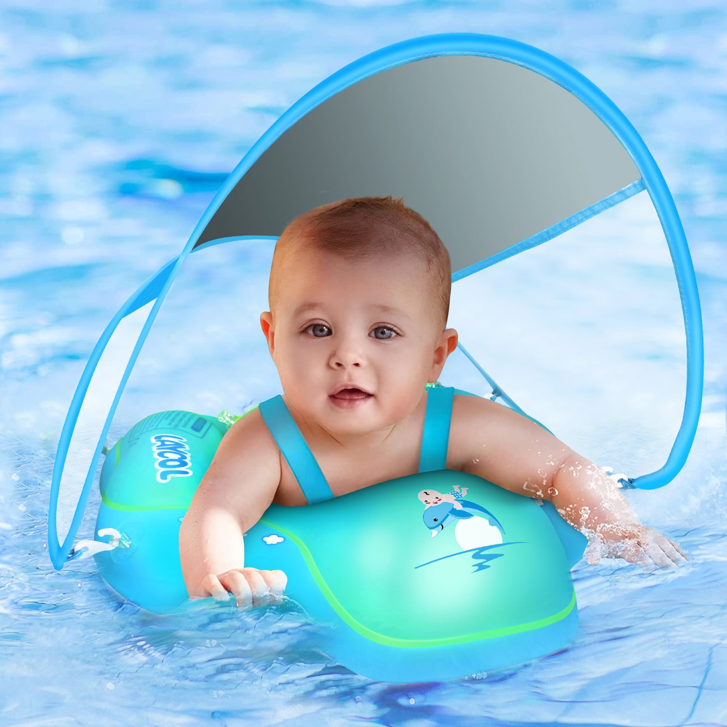 LAYCOL Baby Pool Float Ring Newest with Sun Protection Canopy,add Tail no flip Over for Age of 3-36 Months